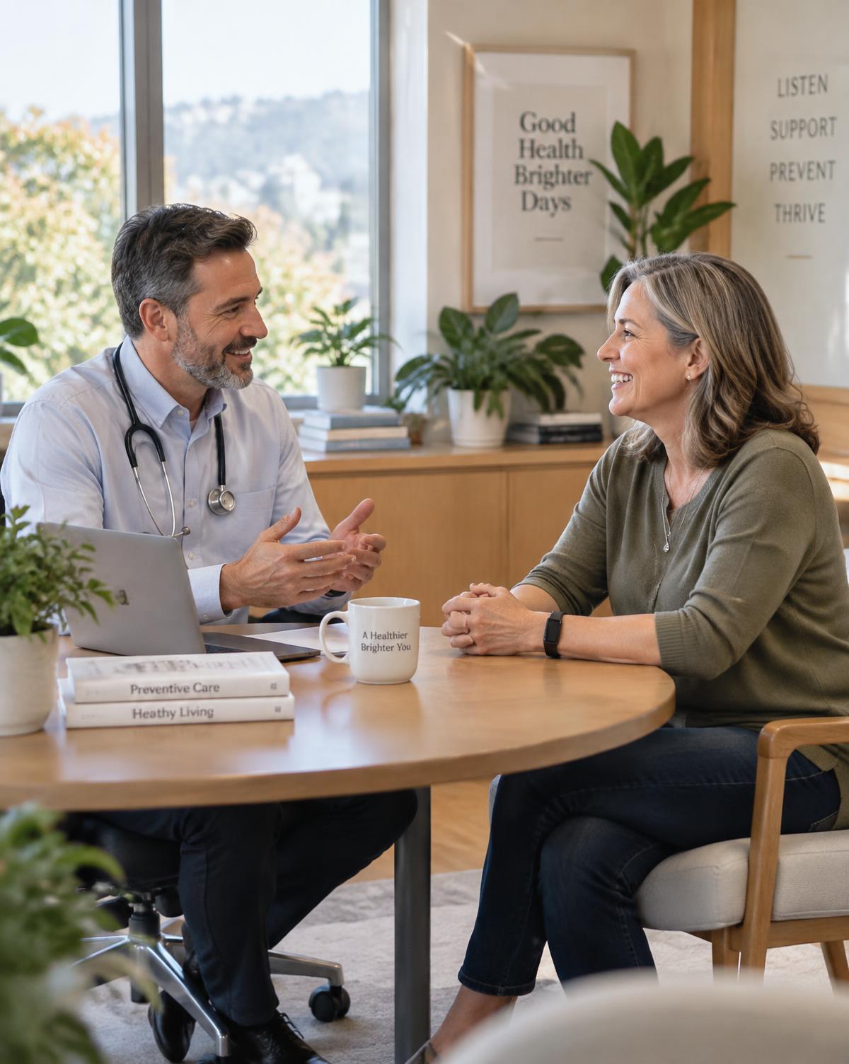 Médico e paciente de meia idade conversando