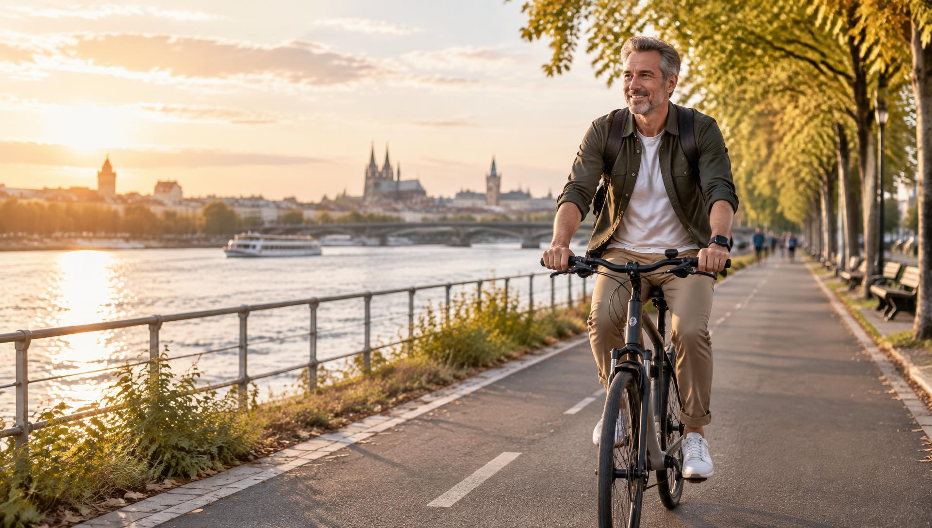 Homem de meia idade pedalando sorridente à beira do rio ao entardecer, com wearable no pulso