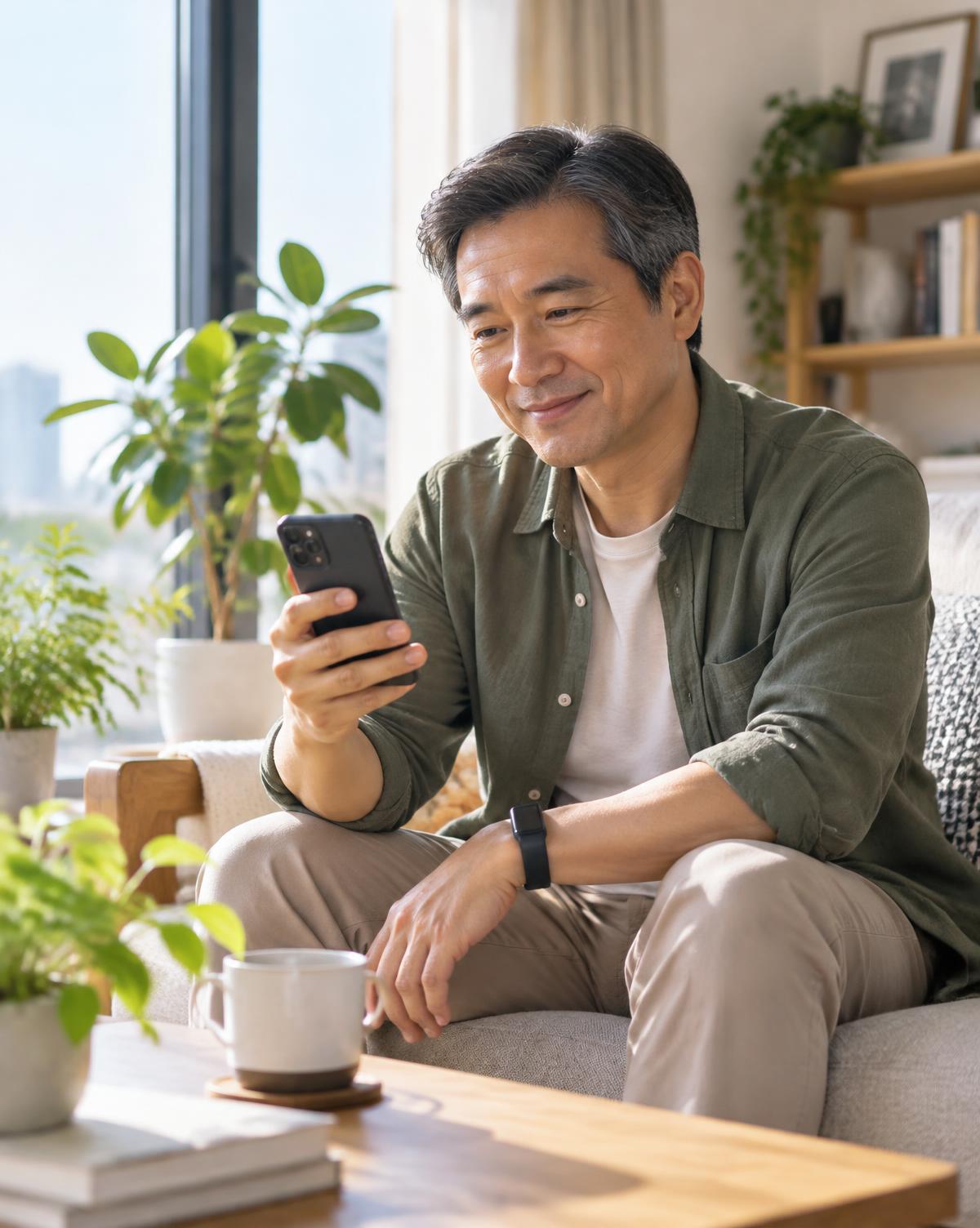 Homem de meia idade em casa, sorrindo ao olhar o celular, com wearable no pulso